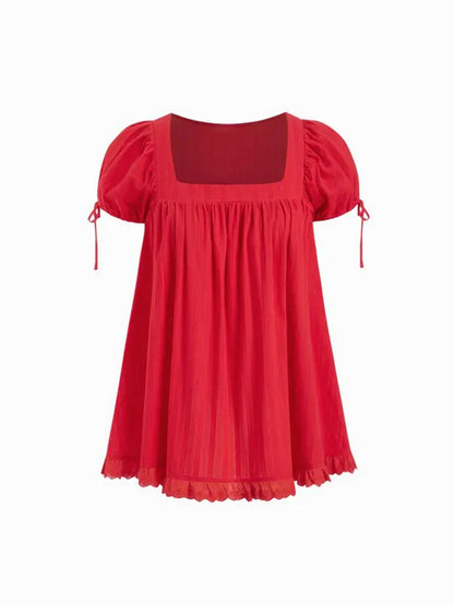 Sweet square neckline, ruffled chest, puff sleeves, adjustable silhouette, casual long shirt