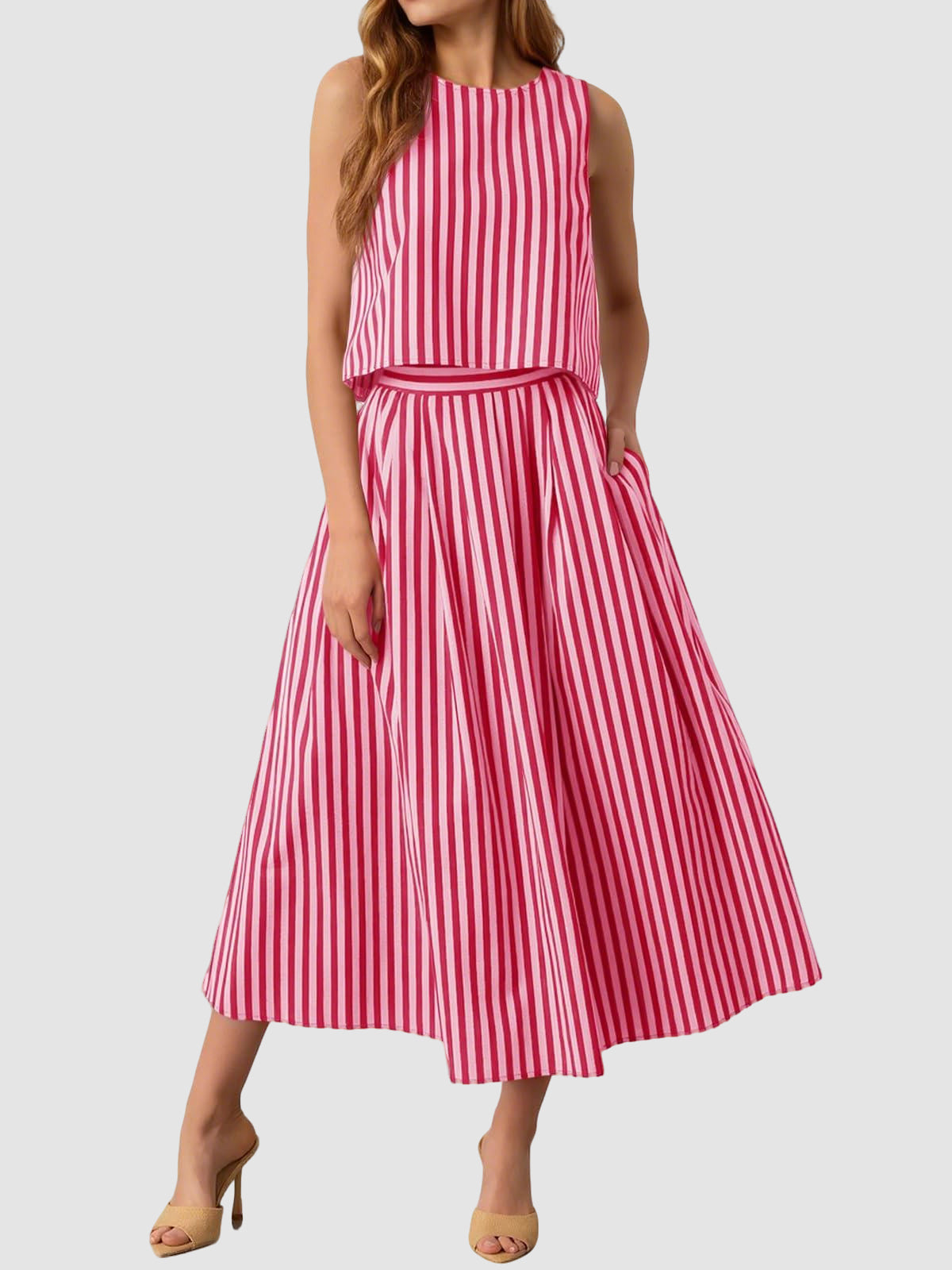 Women's Striped Sleeveless Top & Midi Skirt Set