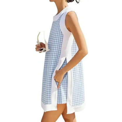 Gingham Plaid Color Block Sleeveless Tunic Top & Pocket High Waist Shorts 2 Piece Set