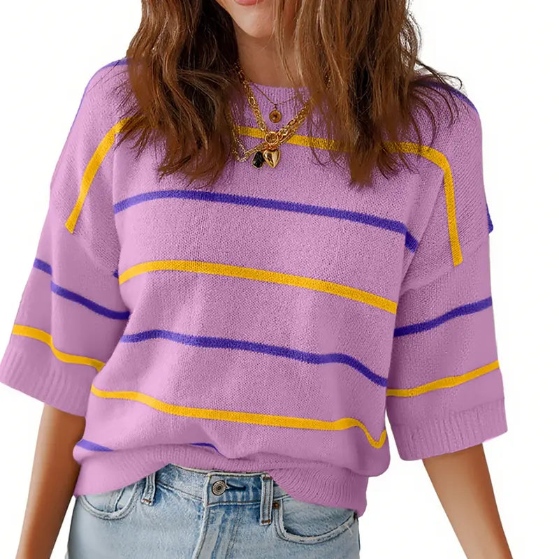 Womens Tops Crewneck Short Sleeve Sweater Pullover Knit Striped Shirt Spring Outfits for Women 2026