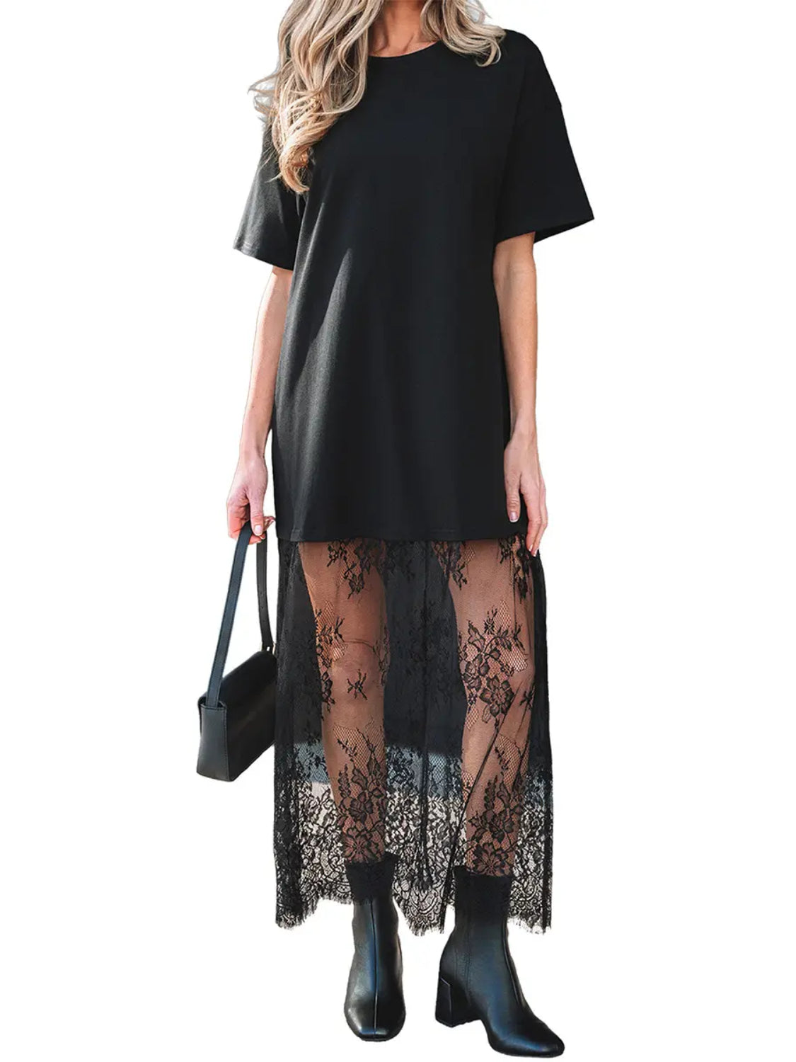 Women's Oversized T-Shirt Maxi Dress with Sheer Lace Hem Drop