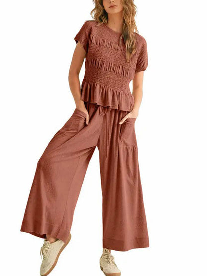 Women's Pleated Top Wide Leg Pants Set with Pockets