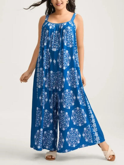 Boho Vacation Wide Leg Jumpsuit, Adjustable Straps & Convenient Side Pockets