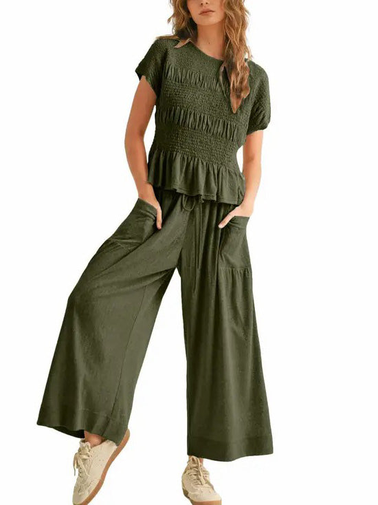Women's Pleated Top Wide Leg Pants Set with Pockets