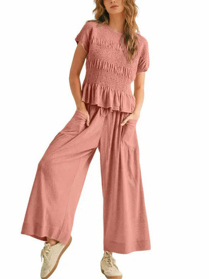 Women's Pleated Top Wide Leg Pants Set with Pockets