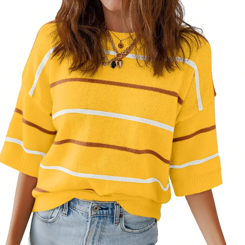 Womens Tops Crewneck Short Sleeve Sweater Pullover Knit Striped Shirt Spring Outfits for Women 2026