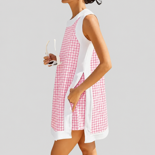 Gingham Plaid Color Block Sleeveless Tunic Top & Pocket High Waist Shorts 2 Piece Set