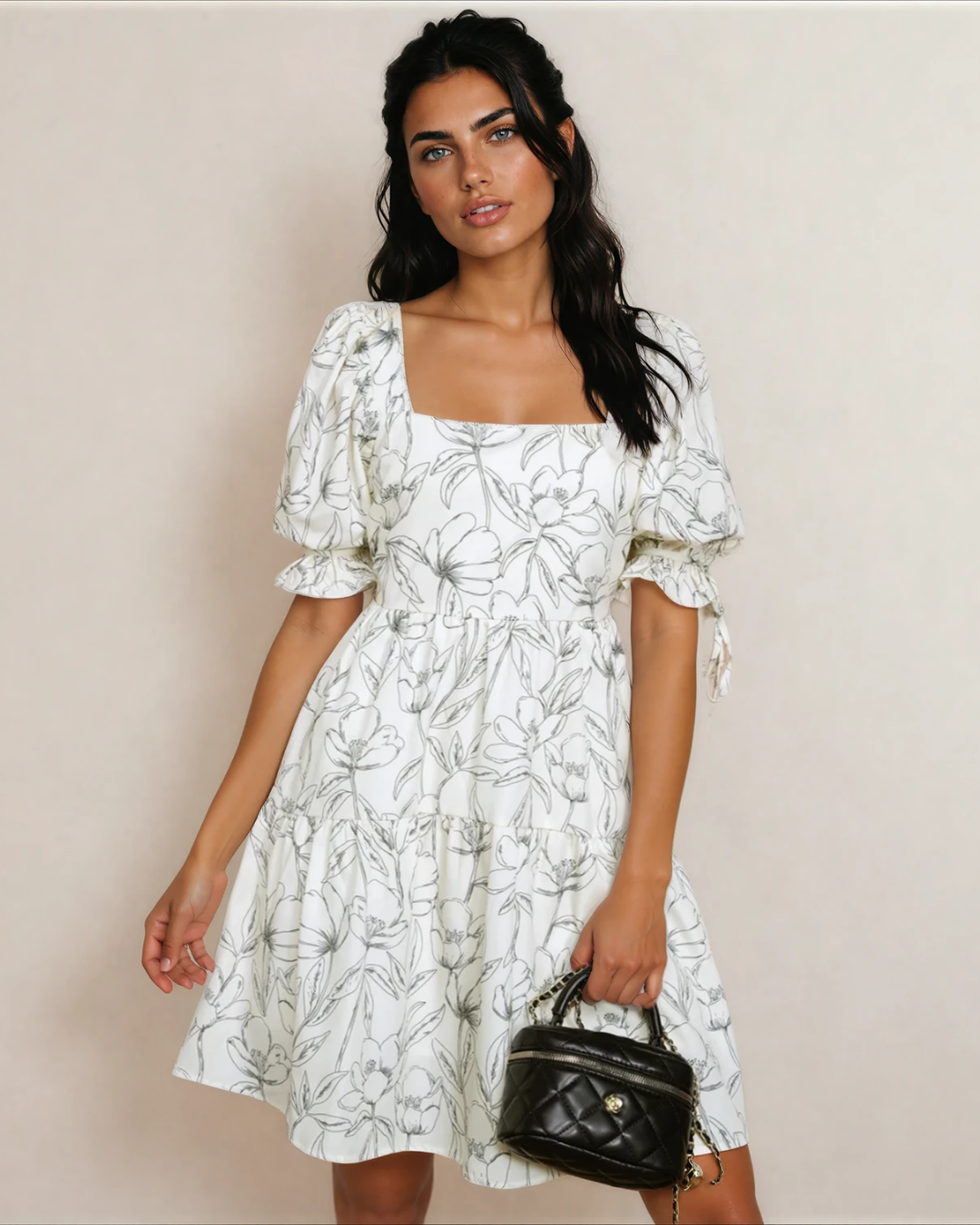 Cleo Square Neck Shirred Back Puff Sleeve Mini Dress