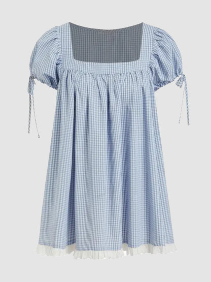 Sweet square neckline, ruffled chest, puff sleeves, adjustable silhouette, casual long shirt