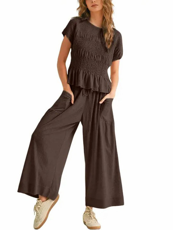 Women's Pleated Top Wide Leg Pants Set with Pockets