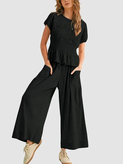 Women's Pleated Top Wide Leg Pants Set with Pockets