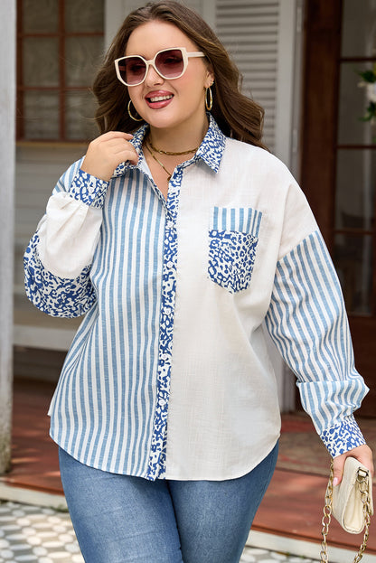 Threaded Pear Livia Striped Patchwork Casual PLUS Shirt