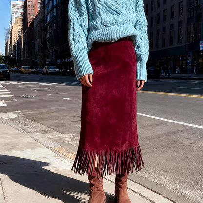 Women’s A-Line Fringe Hem Midi Skirt | Elegant Solid Color Versatile Skirt | Modern High-Waisted Casual Party Skirt | Trendy Fringed Hemline A-Line Bottoms | 2026 High-Sense Fashion Midi Skirt
