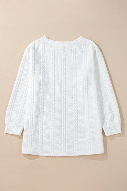 Threaded Pear White Cable Textured Loose Plus Size Sweatshirt