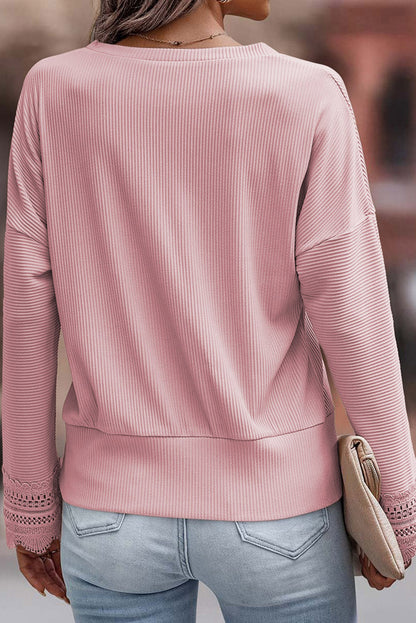 Threaded Pear Lola Ribbed Texture Lace Trim V Neck Long Sleeve Top