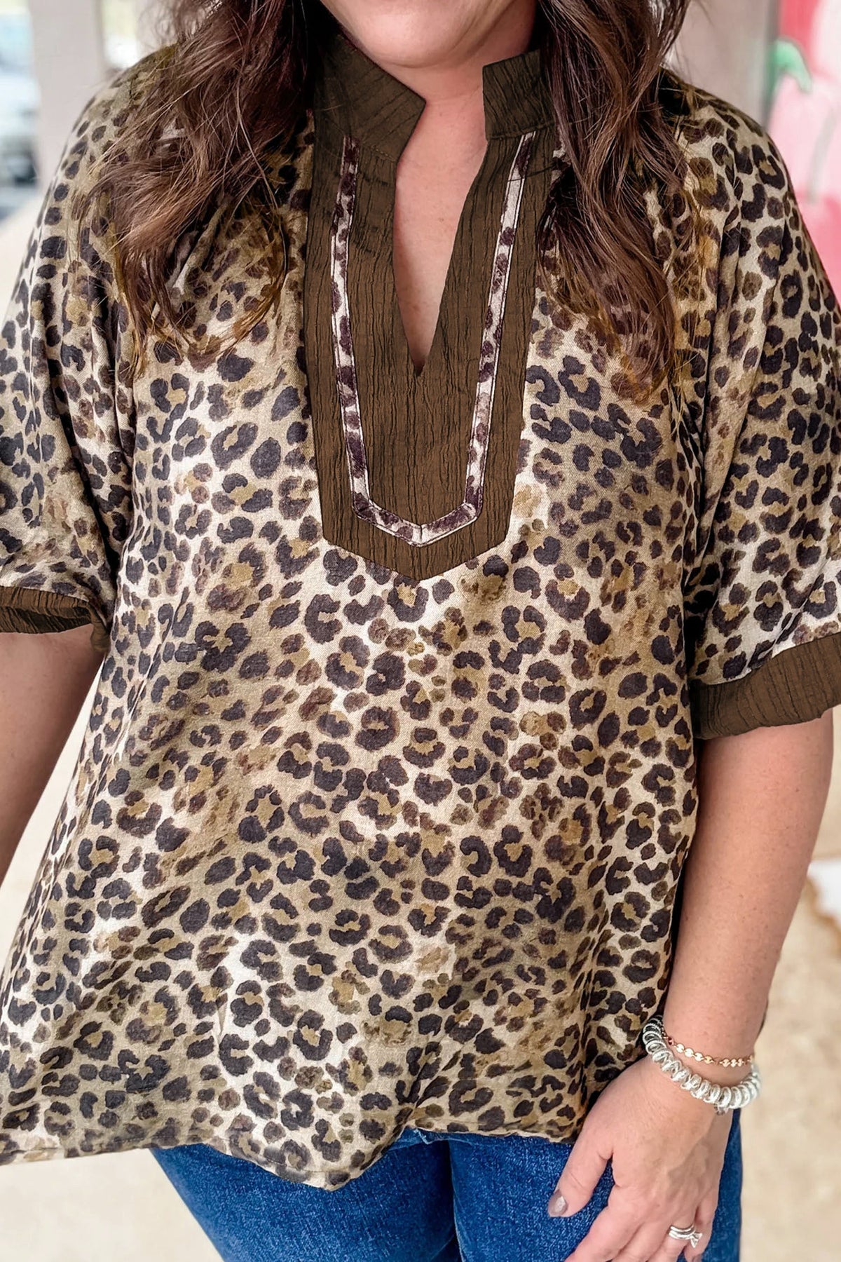 Threaded Pear Kahlani Crinkled Colorblock Patchwork PLUS Blouse
