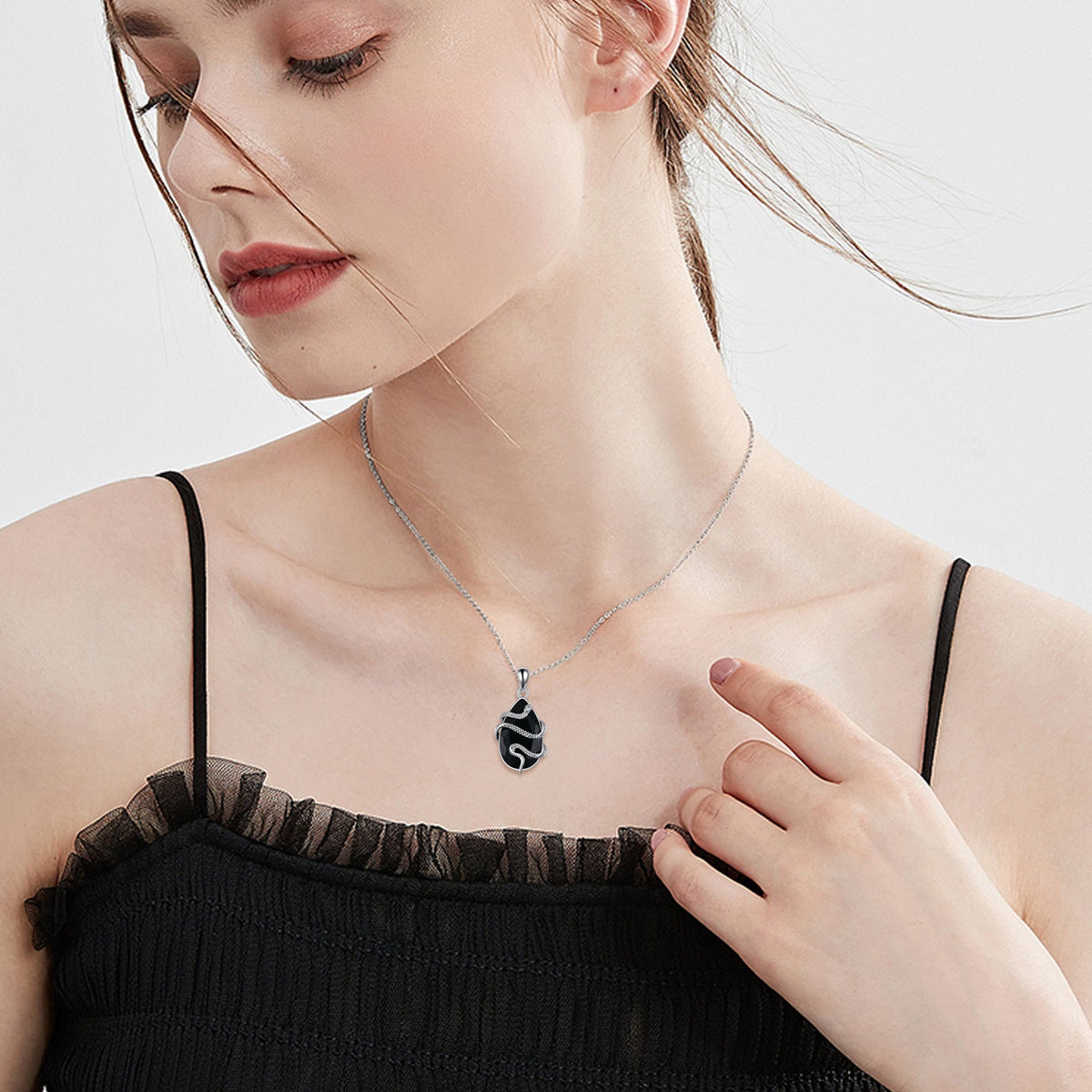 925 Sterling Silver Snake Necklace | Black Obsidian & Tourmaline Crystal Pendant | Gothic Serpent Jewelry for Men & Women | Protective Healing Stone Necklace | 2026 High-Fashion Mystical Gift Jewelry