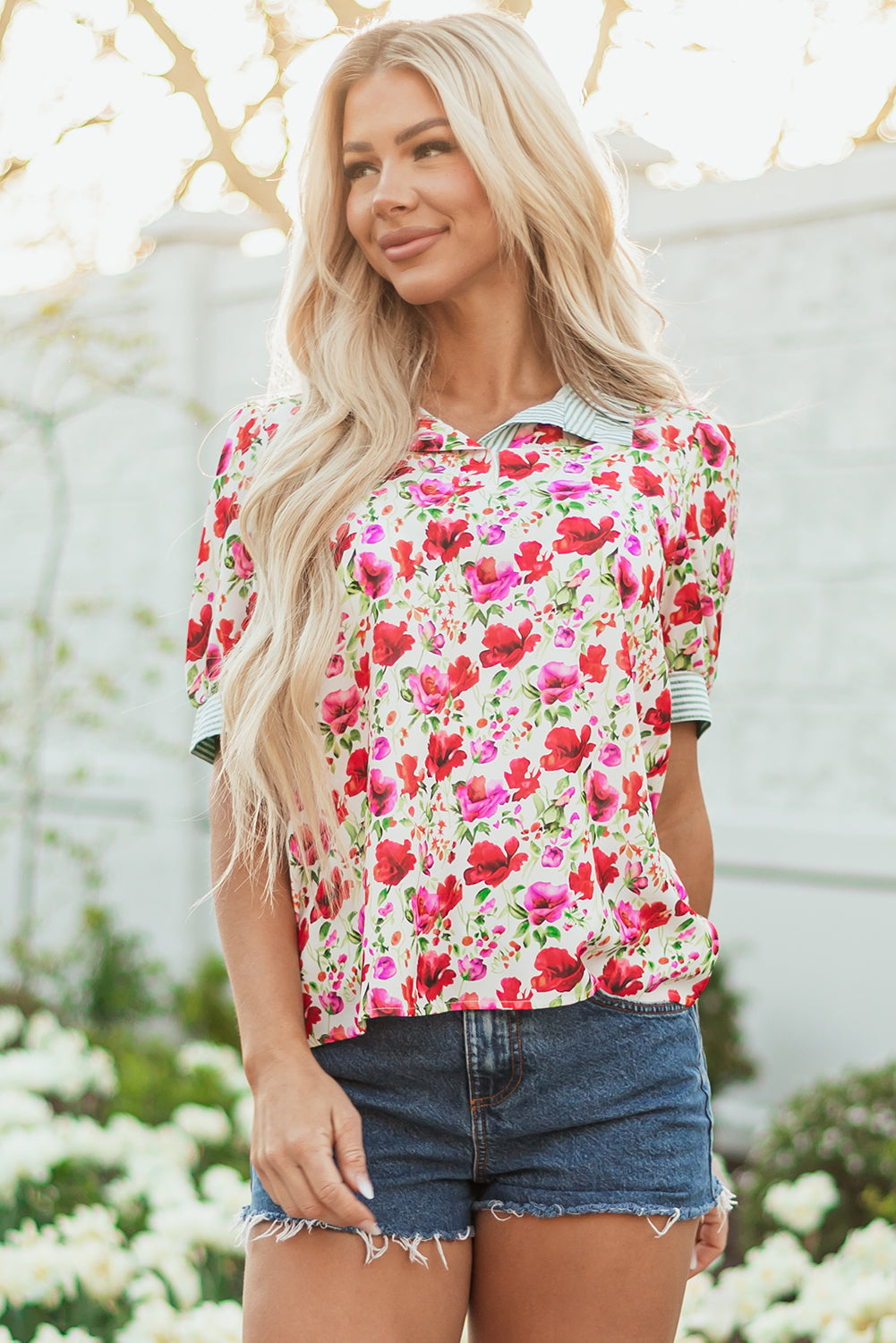 Threaded Pear Romy Floral Striped Patchwork Collared Short Sleeve Blouse