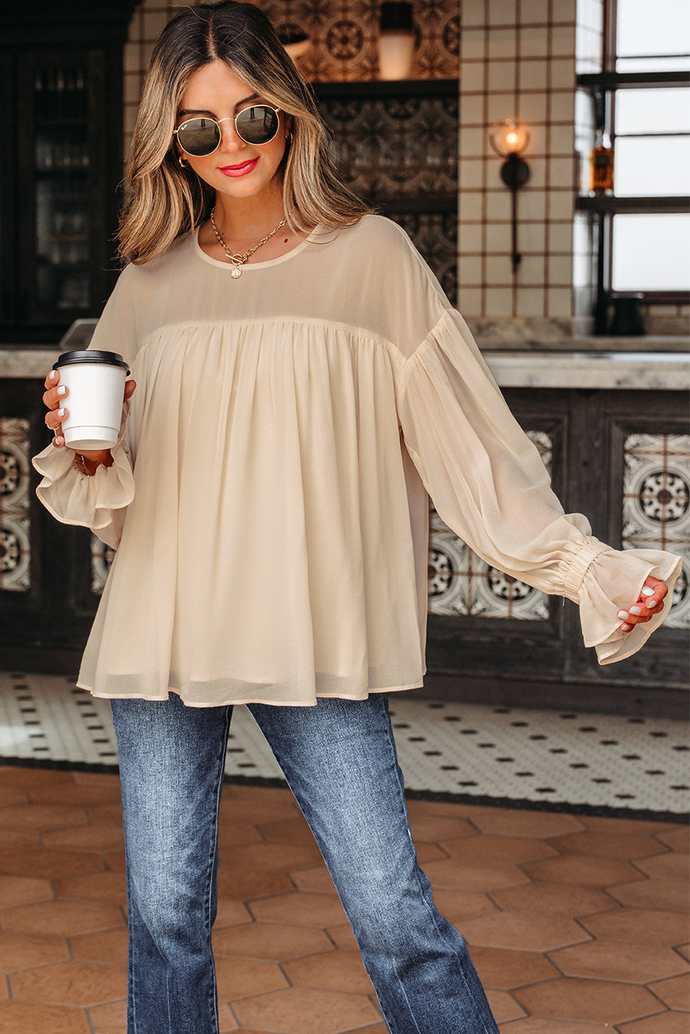 Threaded Pear Mayaevi Sleeve Chiffon Blouse Long Sleeve Top