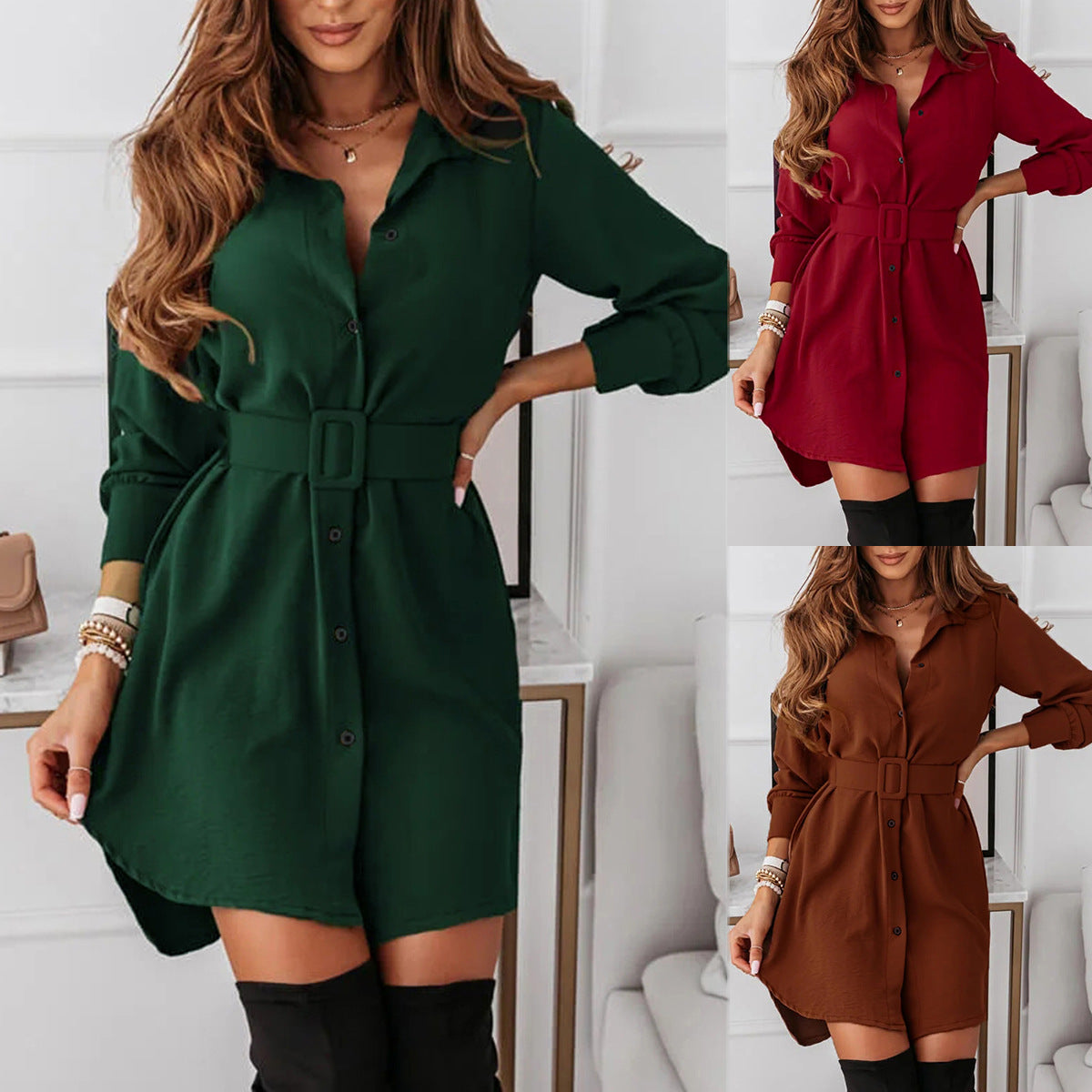 Lapel Long-sleeved Dress With Belt Fashion Elegant Button-do0wn Shirt Dresses For Women