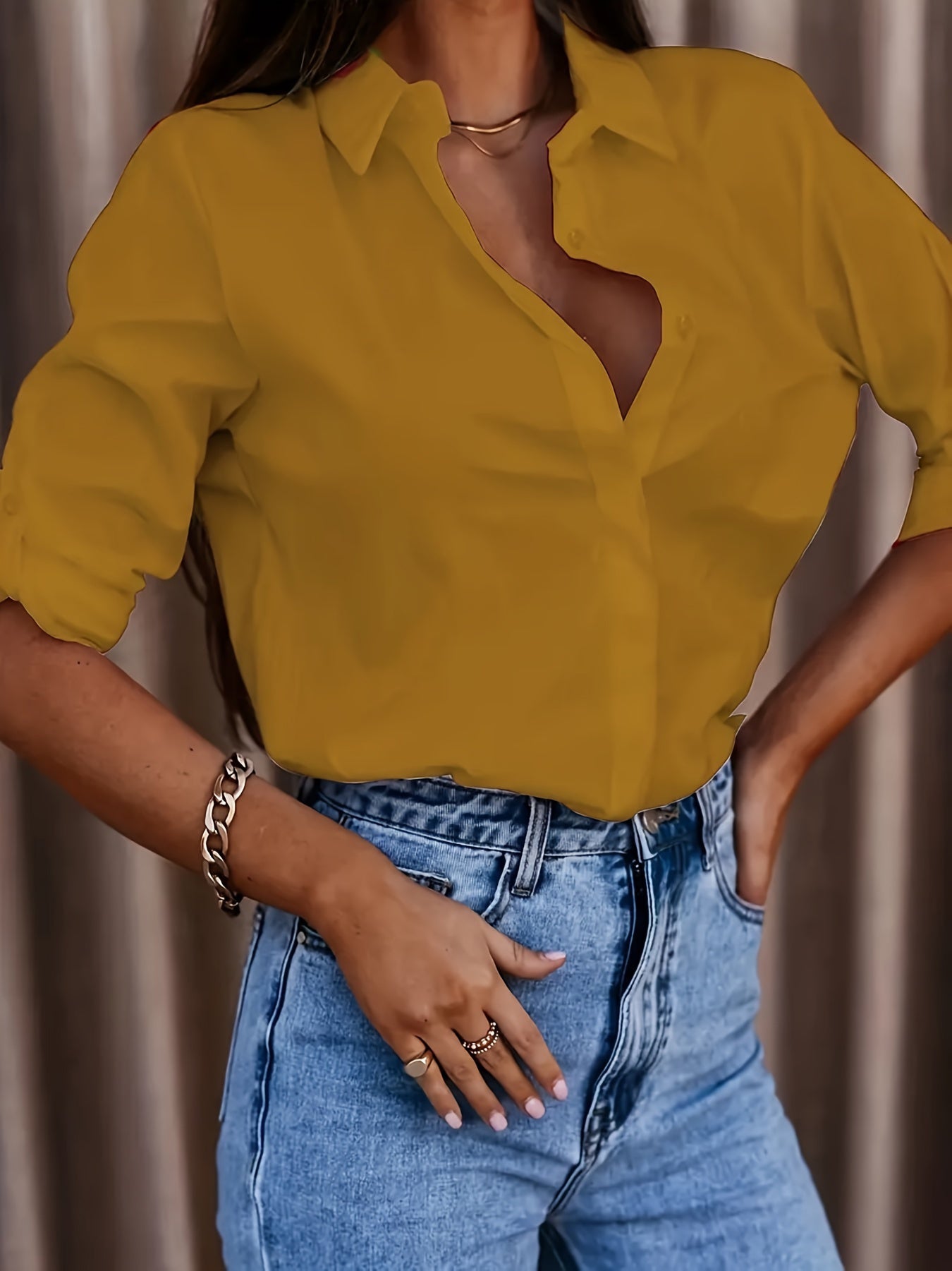 Lapel Long Sleeve Shirt Women's Button-up Tops Clothing