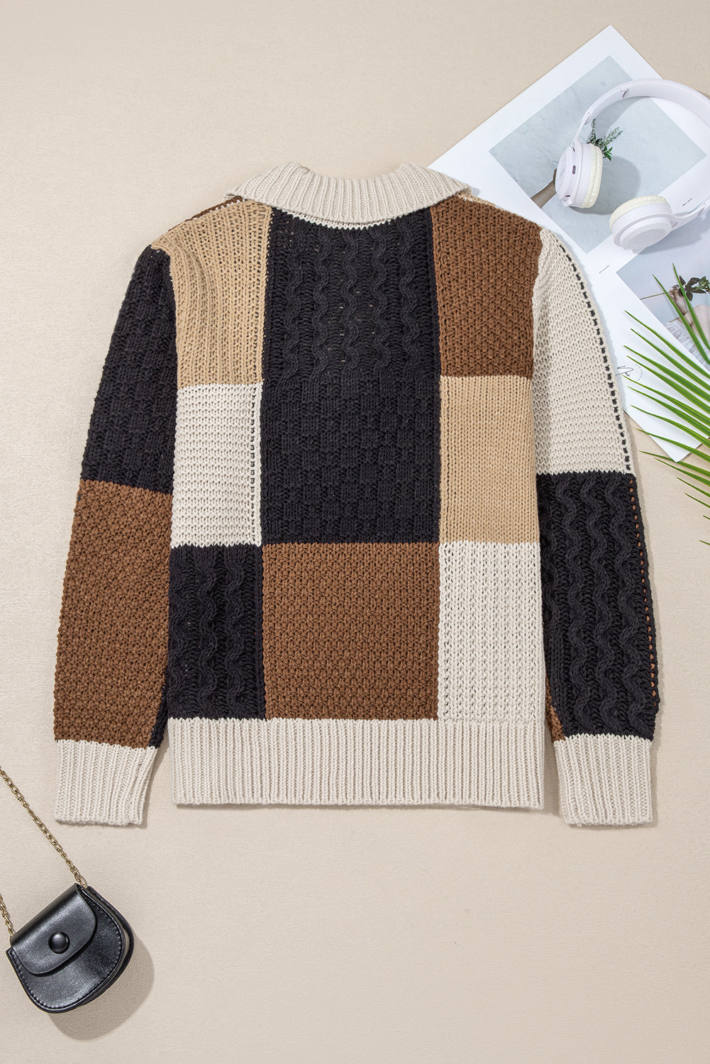 Threaded Pear Paige Cable Knit Sleeve Buttons Collared Sweater