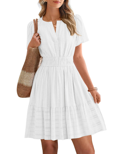 Women's V-Neck Elastic Waist Tiered Mini Dress