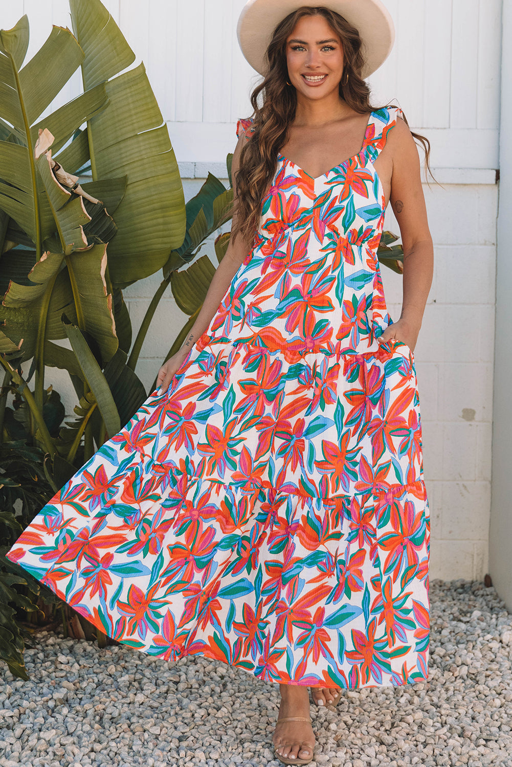 Threaded Pear Alice Boho Floral Ruffled Strap Maxi Dress