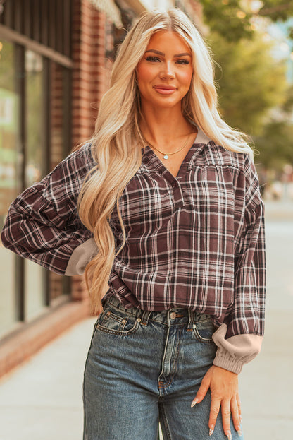 Threaded Pear Lauren Plaid Patchwork Long Sleeve Hooded Top