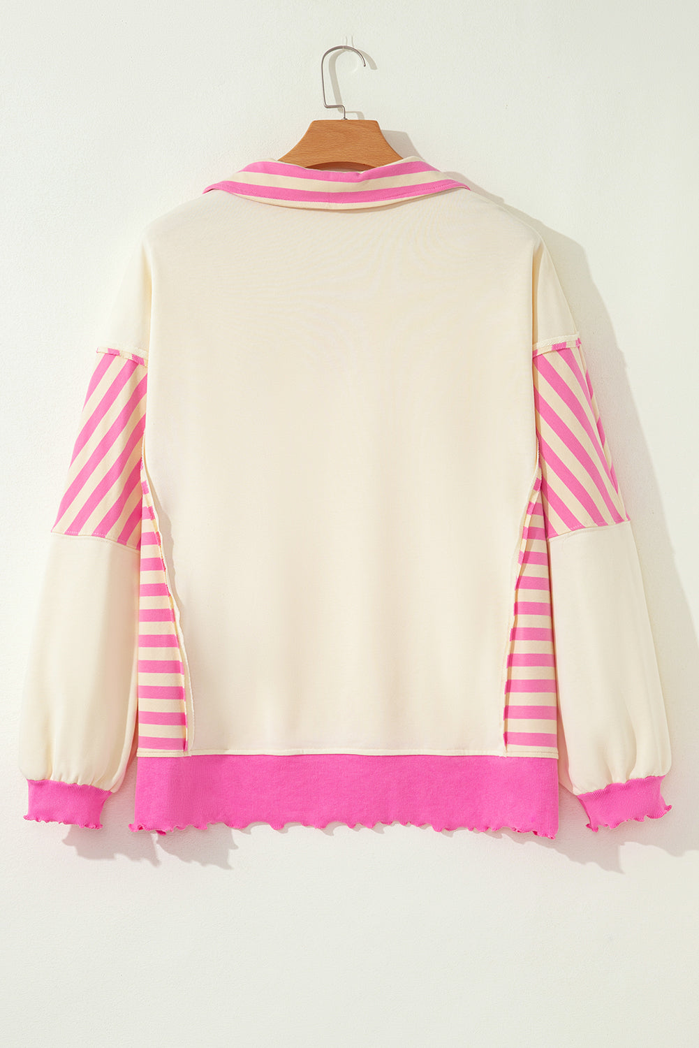 Threaded Pear Pink Stripe Contrast Polo Collar Drop Shoulder Patchwork Plus Size Pullover