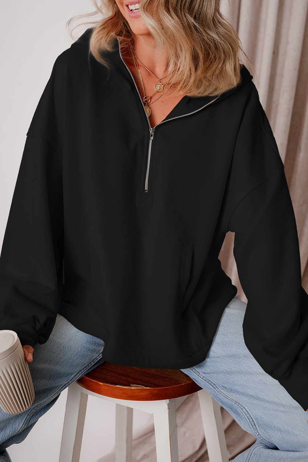 Threaded Pear Kate Fleece Lined Half Zipper Kangaroo Pockets Loose Hoodie