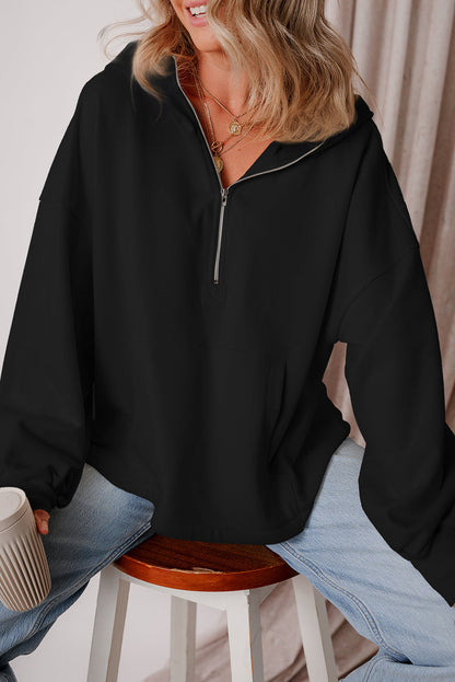 Threaded Pear Kate Fleece Lined Half Zipper Kangaroo Pockets Loose Hoodie