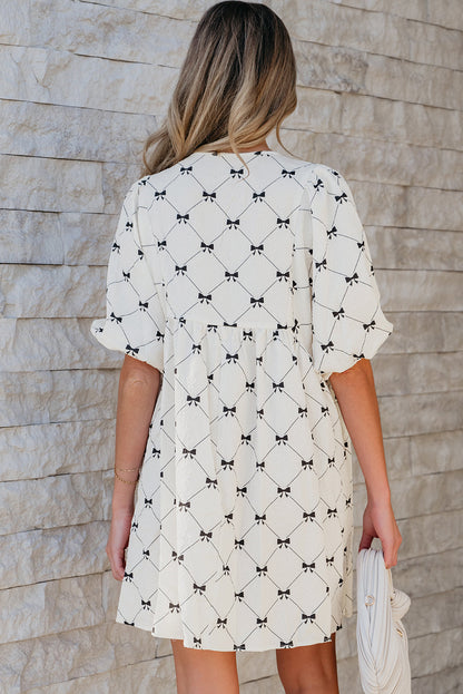 Threaded Pear Amber Textured Puff Half Sleeve Loose Mini Dress
