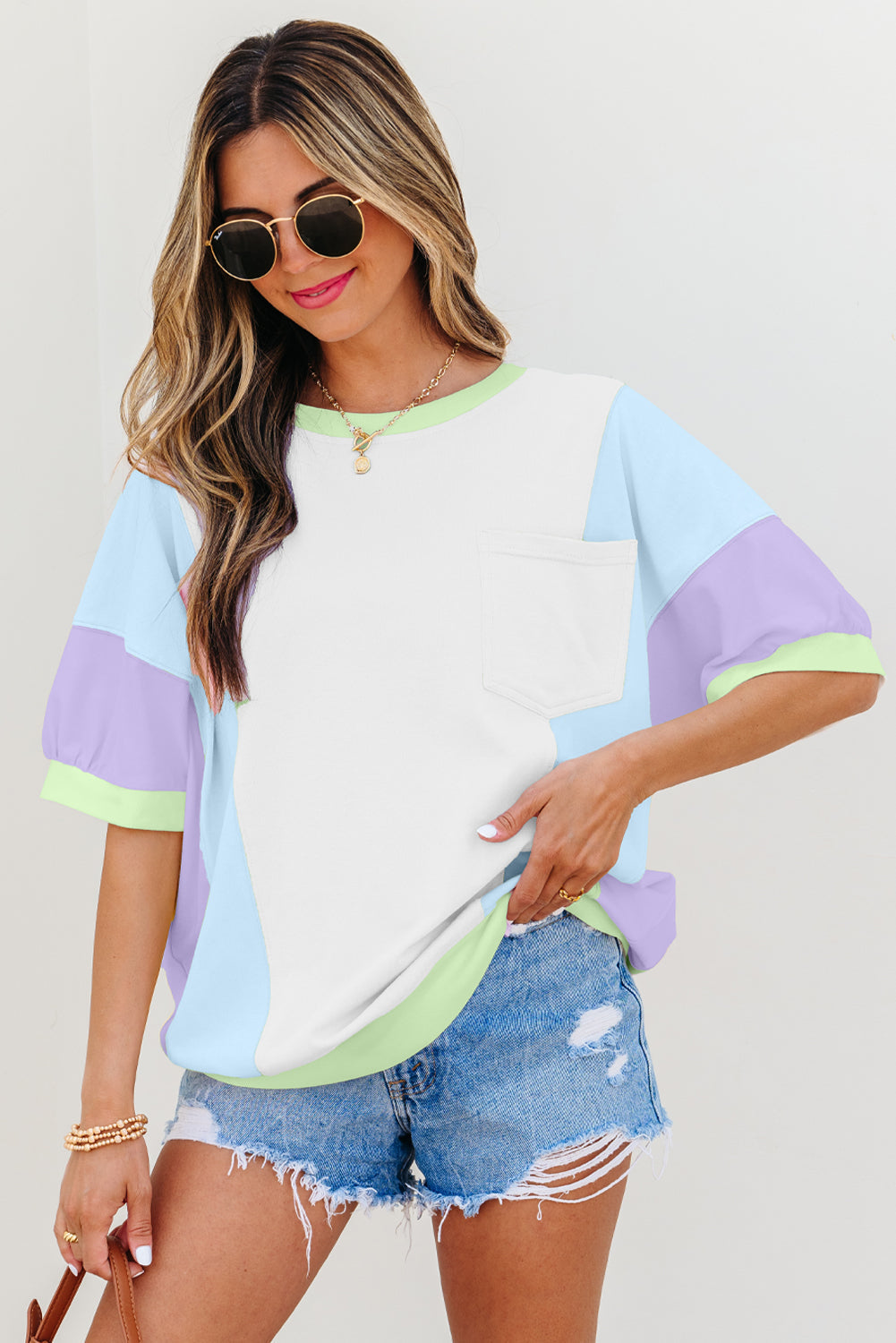 Threaded Pear Zoe Patchwork Half Sleeve Oversized Top