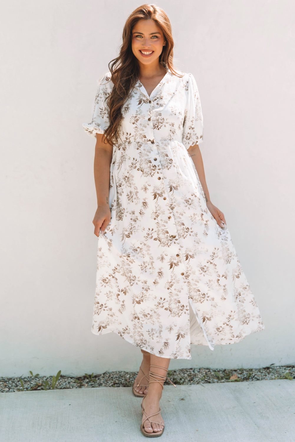 Threaded Pear Iliana Floral Puff Sleeve V Neck Buttoned Front Maxi Dress