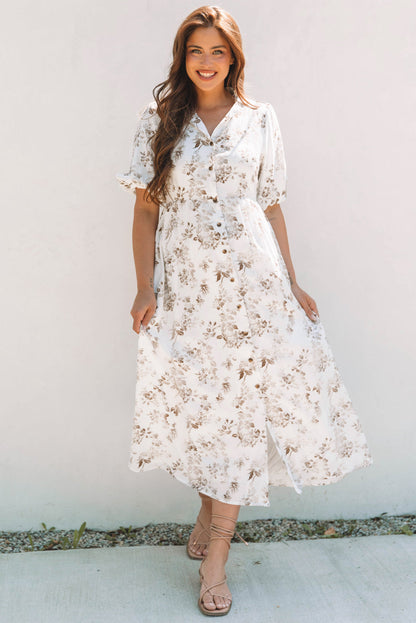 Threaded Pear Iliana Floral Puff Sleeve V Neck Buttoned Front Maxi Dress