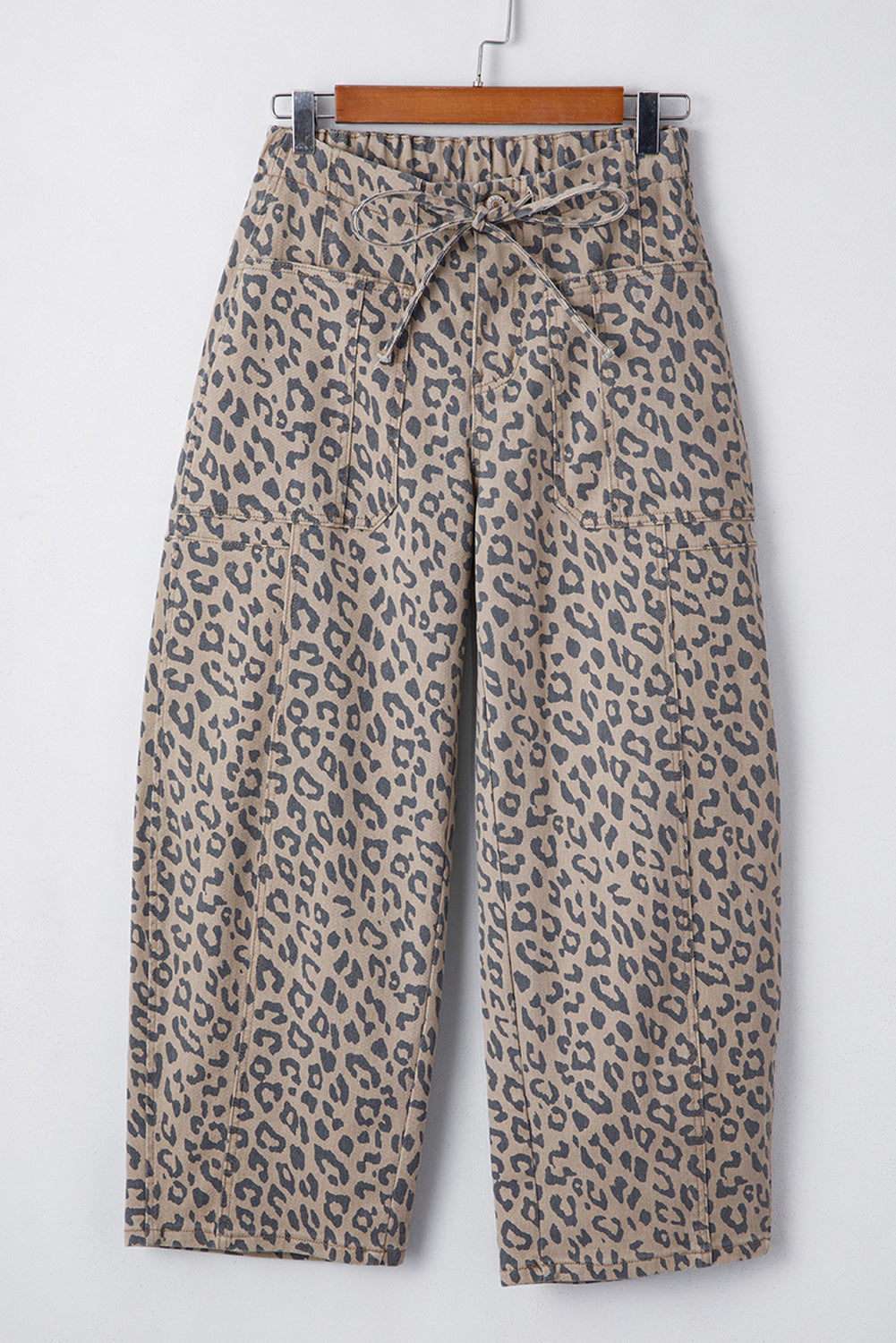 Athena Leopard Print Drawstring Waist Pocketed Wide Leg Jeans