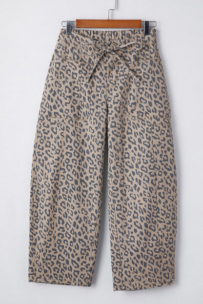 Athena Leopard Print Drawstring Waist Pocketed Wide Leg Jeans