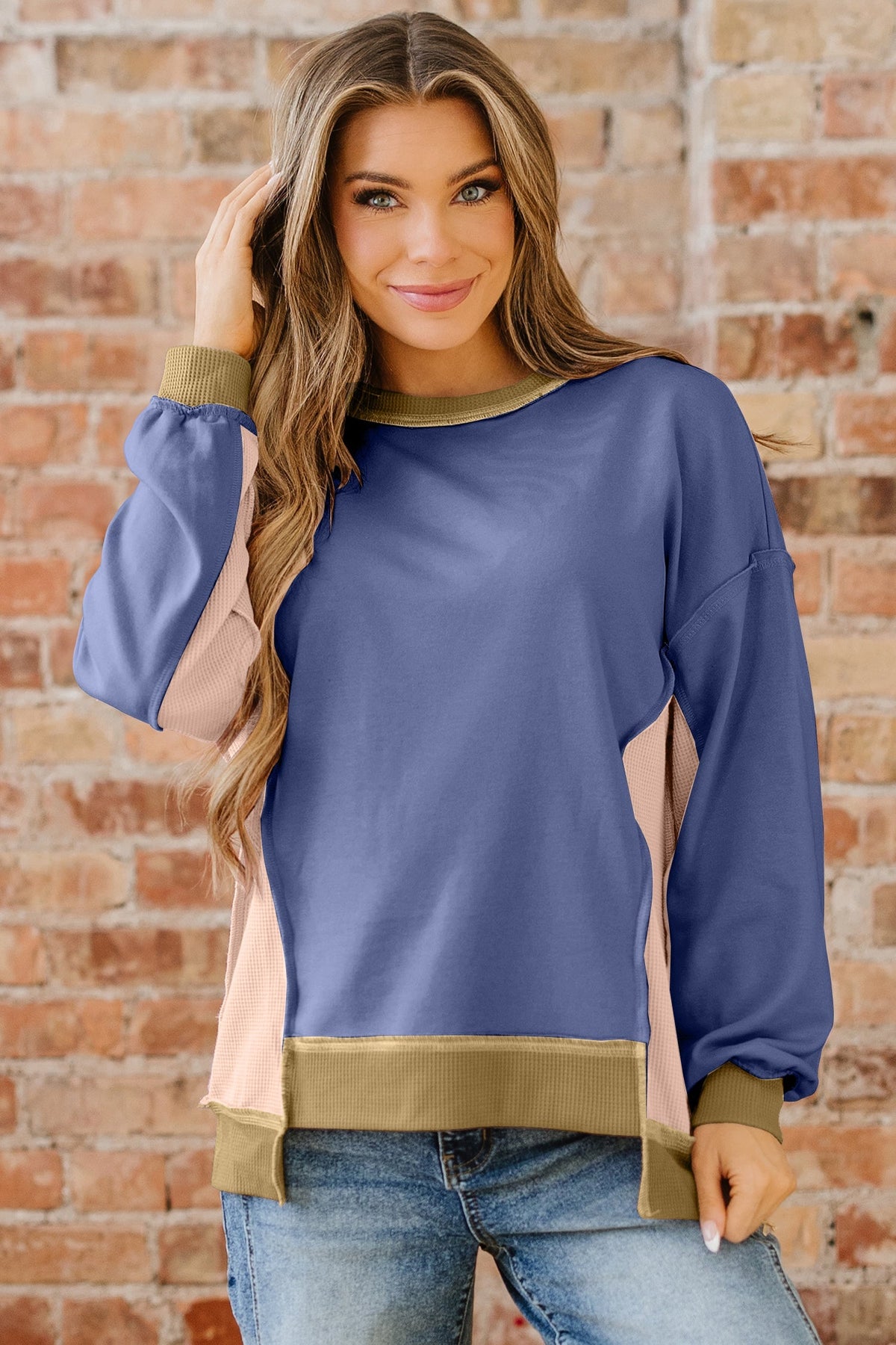 Threaded Pear Alaina Waffle Patchwork Oversize Sweatshirt