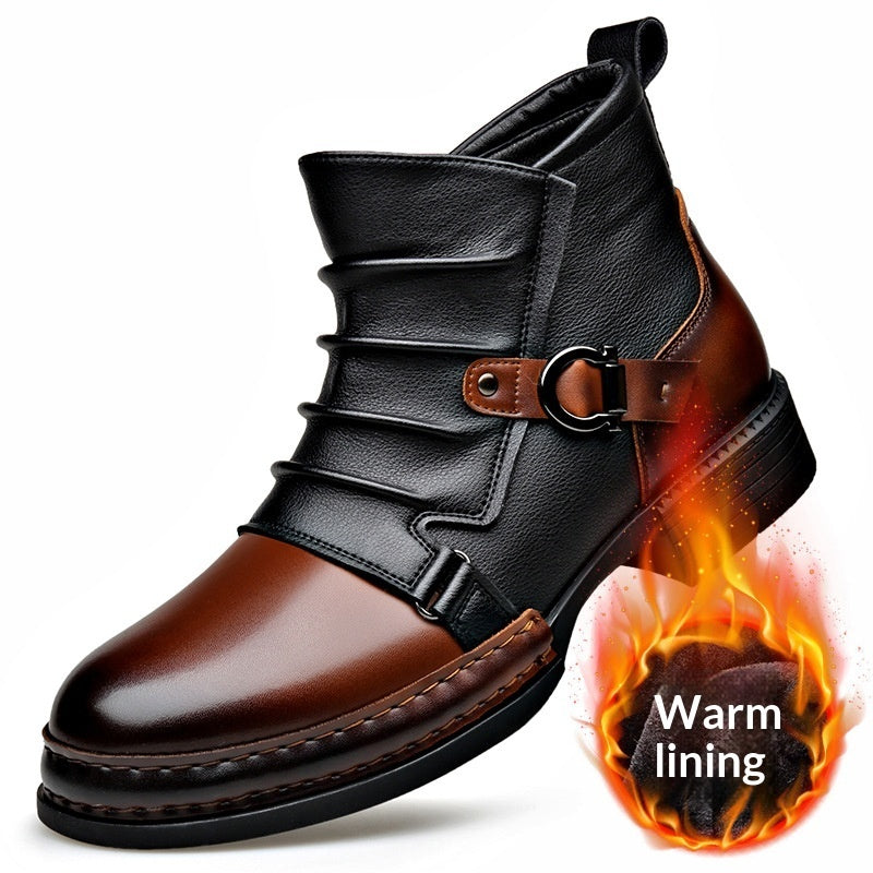 Men’s British Style Retro Thermal Boots | Fleece-Lined Winter Leather Boots with Side Zipper | Vintage Mid-Top Warm Walking Boots | Men's Elegant Waterproof Winter Footwear