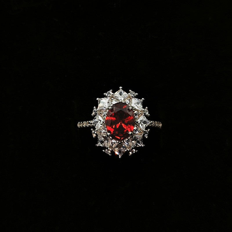 S925 Sterling Silver Adjustable Ring | Pigeon’s Blood Red High-Carat Zircon Ring | High-Sense Luxury Gemstone Jewelry | Trendy Minimalist Red Crystal Statement Ring | 2026 High-Fashion Radiant Women’s Jewelry