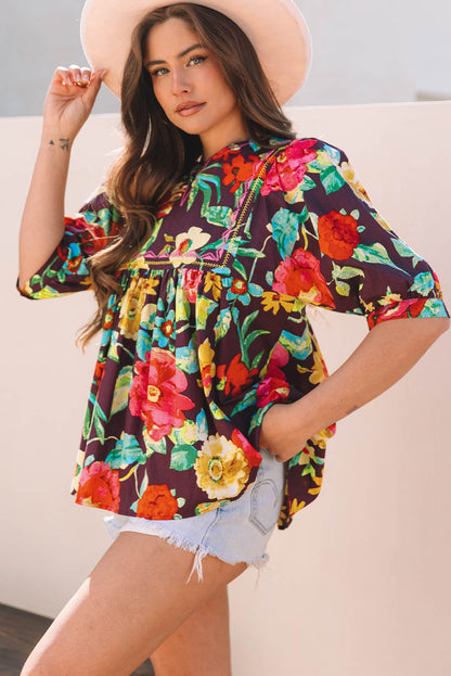 Threaded Pear Adhara Flower Embroidered Trim Half Sleeve Blouse