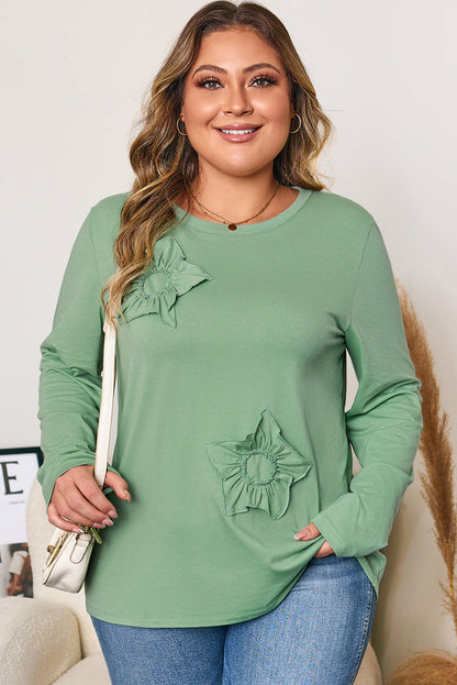Threaded Pear Grass Green Flower Applique Mineral Wash Plus Size Top