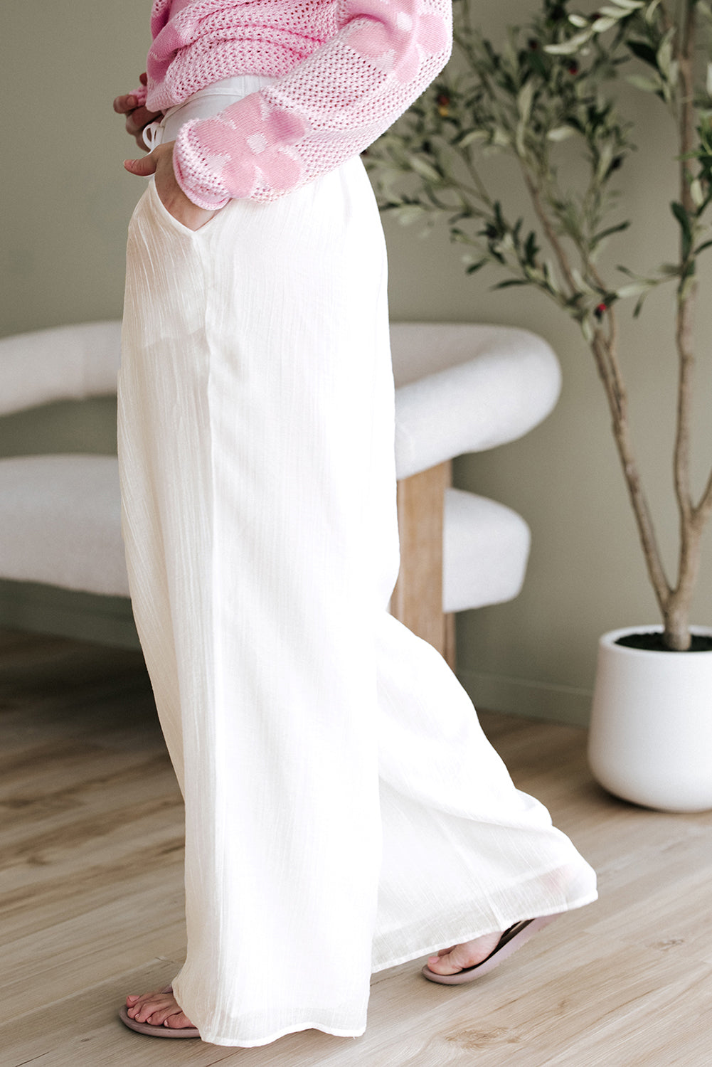 Threaded Pear Jessie Casual Tie Waist Pleated Wide Leg Pants
