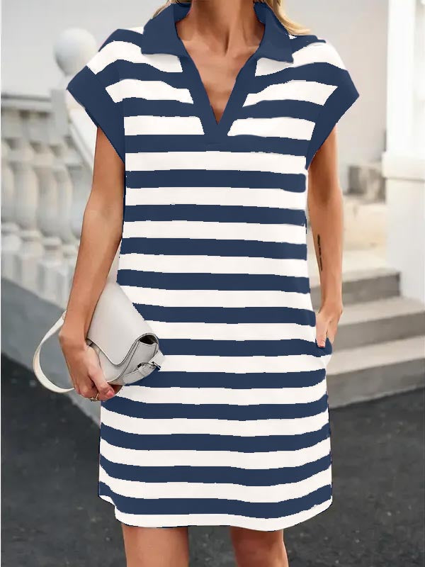 Women's V-neck Striped Short-sleeved Straight Dress