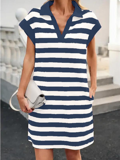 Women's V-neck Striped Short-sleeved Straight Dress