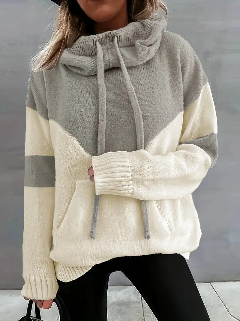 ✨Cozy Color Block Knit Hoodie with Drawstring Details (Final Days: Big Savings!!!)