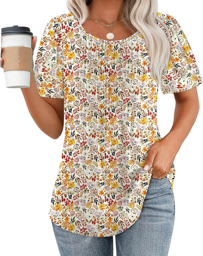 ✨Women Summer Pleated Short Sleeve Tunic Blouses Tops