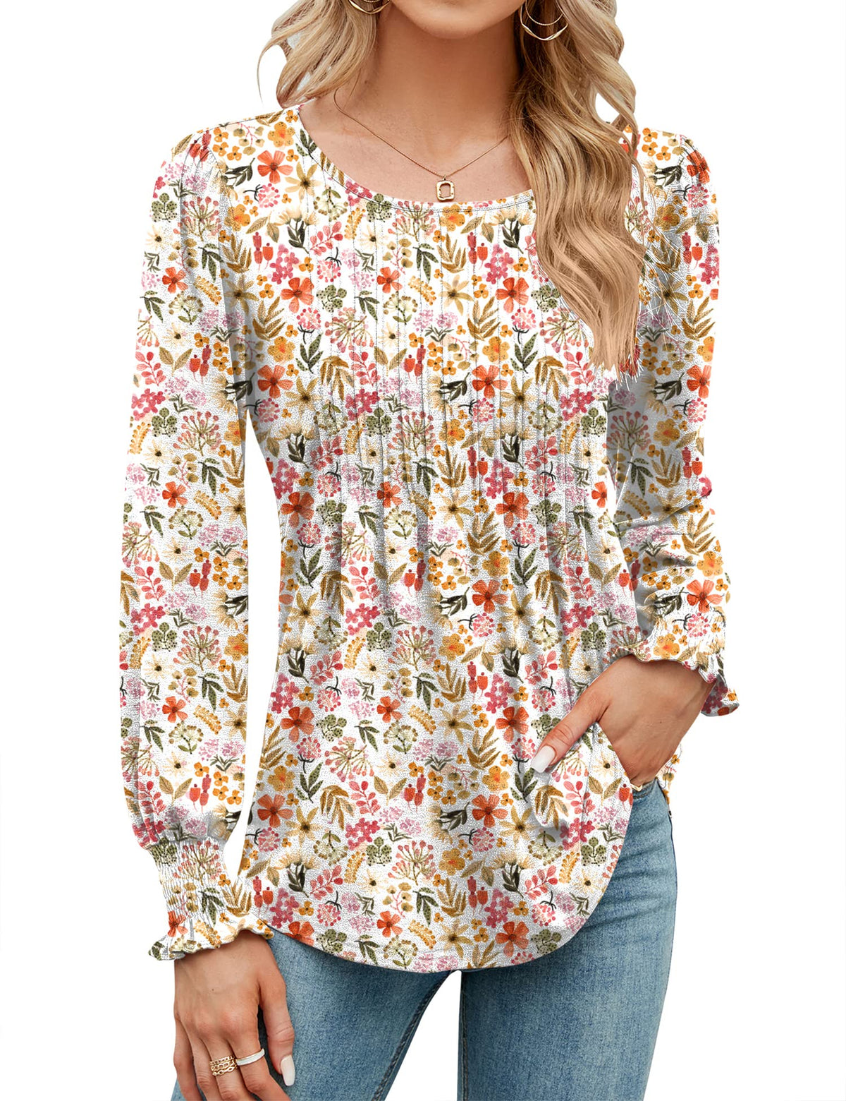 ✨Puff Long Sleeve Pleated Crew Neck Tunic Top