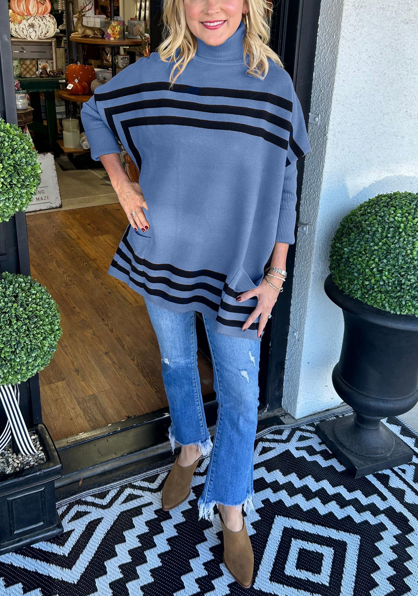 Turtleneck bat sleeve striped sweater